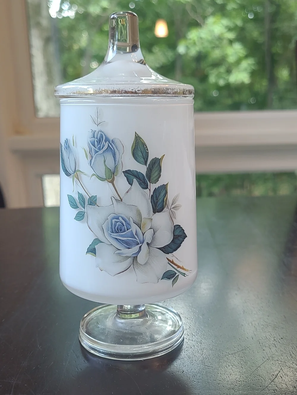 West Virginia Apothecary Jar With Blue Roses Lidded Pedestal Apothecary Jar